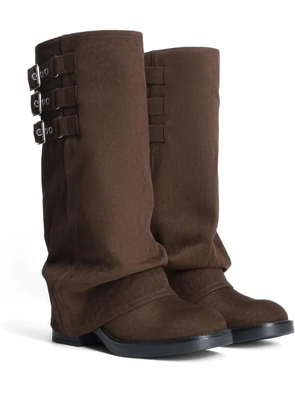 Women's Dark Brown Fashion Adjustable Buckle Low Chunky Heel Slouchy Boots